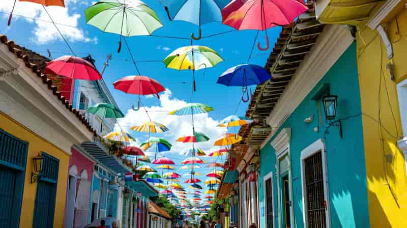 Colorful umbrellas suspended above a vibrant colonial street with blue skies in Cartagena, Colombia.