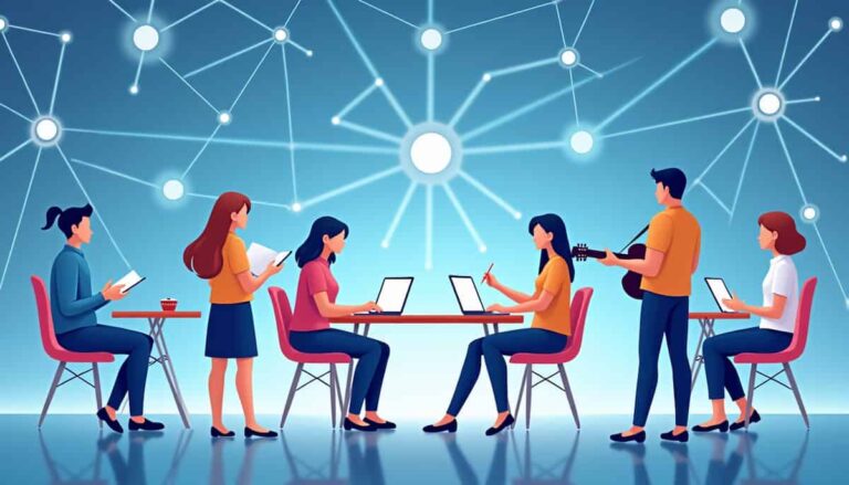 Illustration of a team collaborating in a modern workspace with laptops and connected digital network nodes in the background.