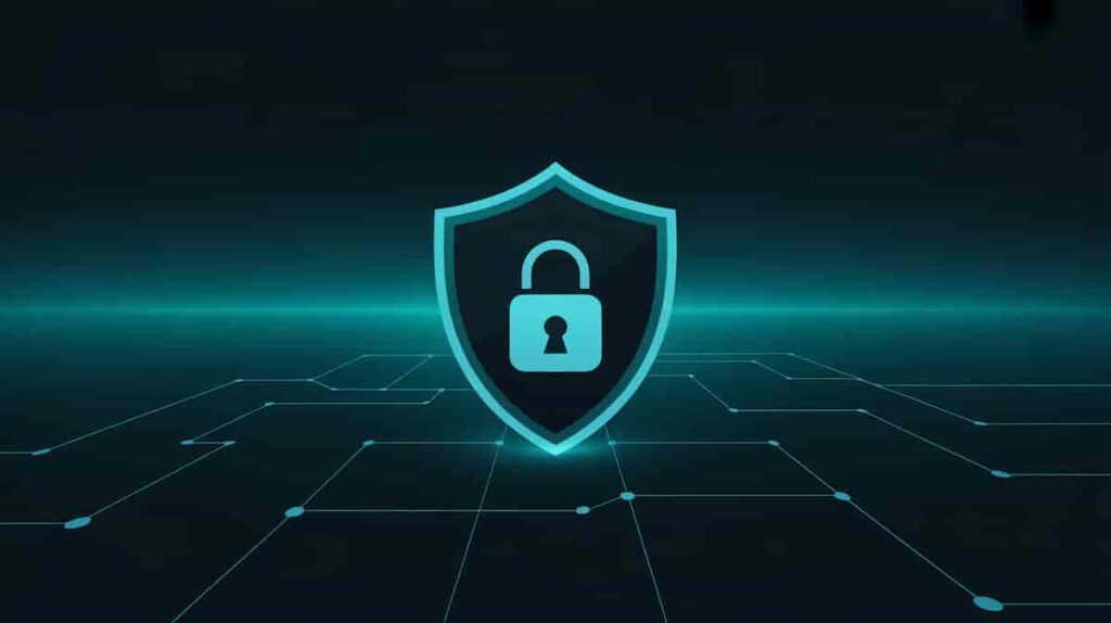 Digital shield icon with lock symbol representing cybersecurity and data protection on a dark blue network background.