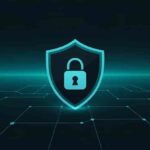 Digital shield icon with lock symbol representing cybersecurity and data protection on a dark blue network background.