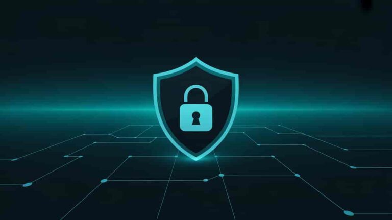 Digital shield icon with lock symbol representing cybersecurity and data protection on a dark blue network background.