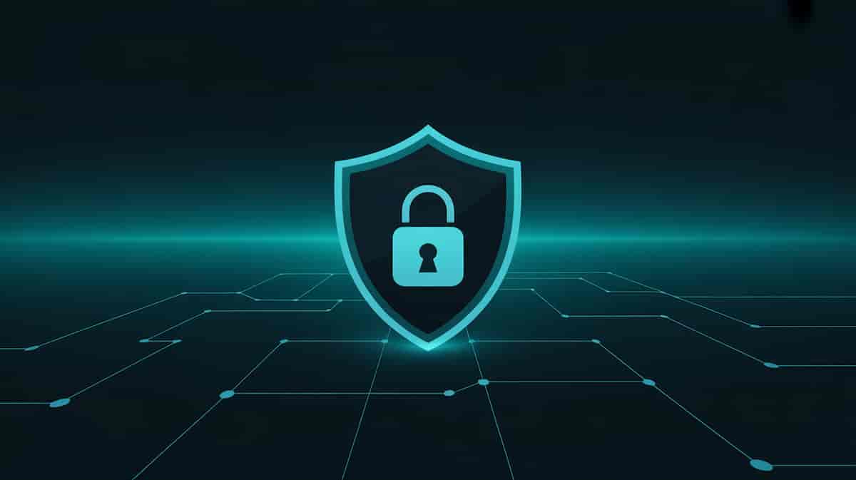 Digital shield icon with lock symbol representing cybersecurity and data protection on a dark blue network background.