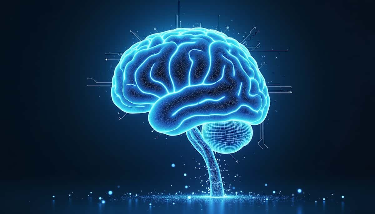 Glowing digital brain illustration with circuit connections symbolizing artificial intelligence and advanced neural networks.