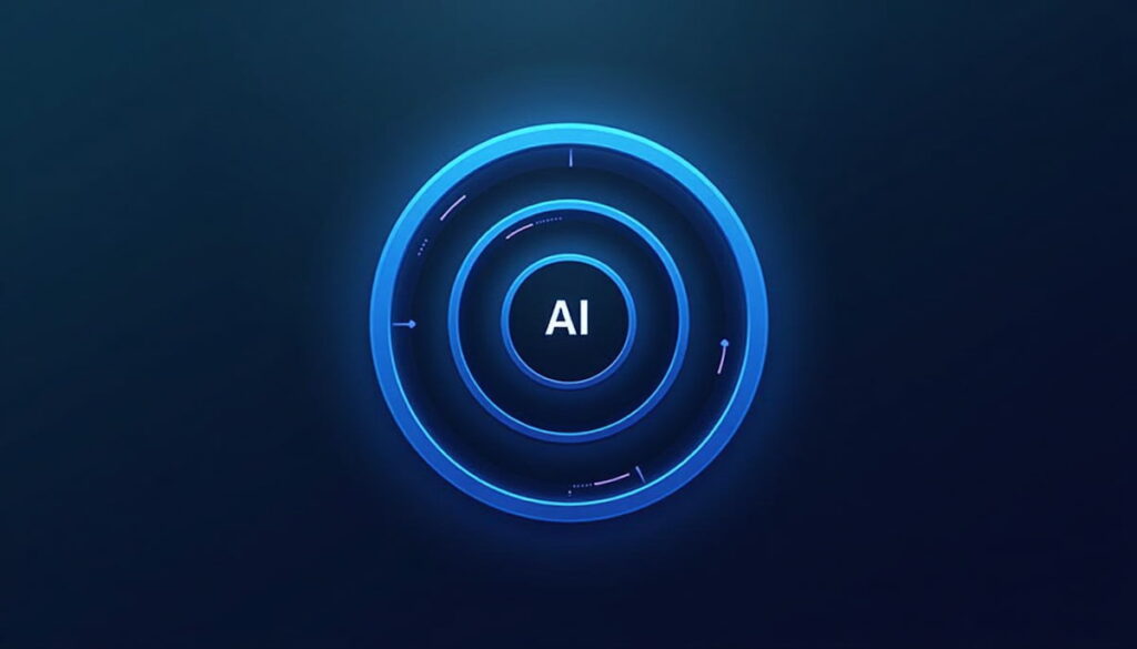 Futuristic blue circular digital interface with AI letters in the center representing artificial intelligence technology.