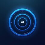 Futuristic blue circular digital interface with AI letters in the center representing artificial intelligence technology.