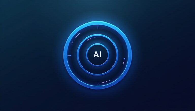 Futuristic blue circular digital interface with AI letters in the center representing artificial intelligence technology.