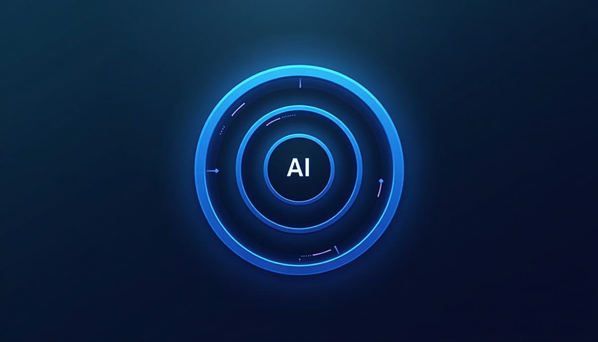 Futuristic blue circular digital interface with AI letters in the center representing artificial intelligence technology.