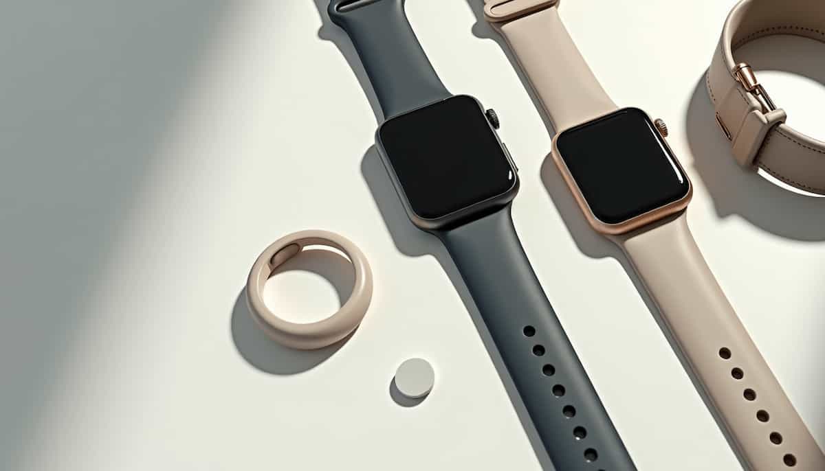 Minimalist flat-lay of smartwatches with silicone bands and a smart ring on a clean white background.