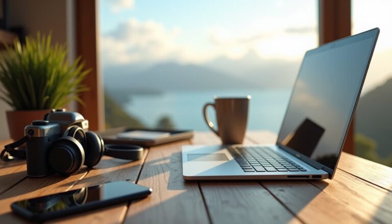 Remote Work Setup with Laptop and Coffee Overlooking Mountain Lake