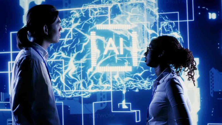Two professionals discussing artificial intelligence in front of a glowing digital AI interface with neural network graphics.
