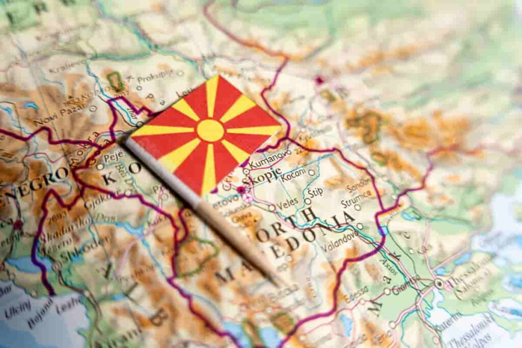 Map showing Skopje, the capital of North Macedonia, with the Macedonian flag pinned on it — used in a travel feature about Vasil Pujovski’s hometown.