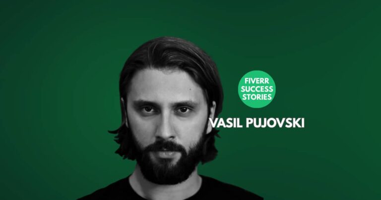 Magazine cover featuring Fiverr logo designer Vasil Pujovski with headline “How a Failed Exam Sparked a Million Dollar Design Career.” Part of Productopsy’s Fiverr Success Story series.